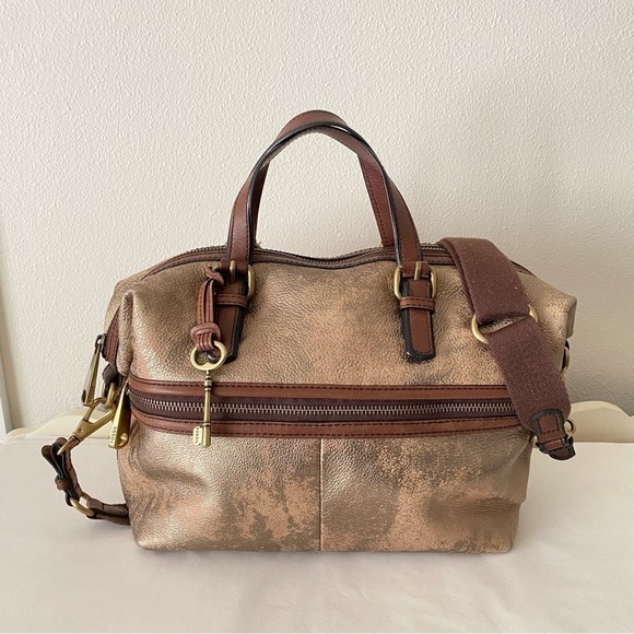 Fossil Handbags - Fossil Explorer Leather Metallic Gold Brown Crossbody Large Satchel Tote Bag